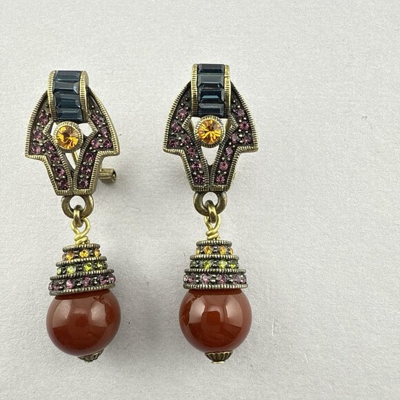 Heidi Daus Earrings Art Deco Carnelian Dangle Drop Multicolor Omega Back Pierce - Picture 4 of 9